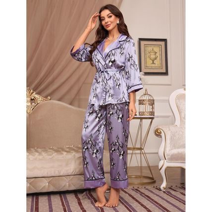 women's robe pajama set with tie-front and pants, luxurious home wear