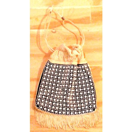 Vintage 50s Navy White Fringed Beaded Evening Bag Drawstring Polycord Handles