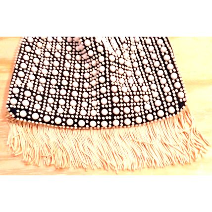 Vintage 50s Navy White Fringed Beaded Evening Bag Drawstring Polycord Handles