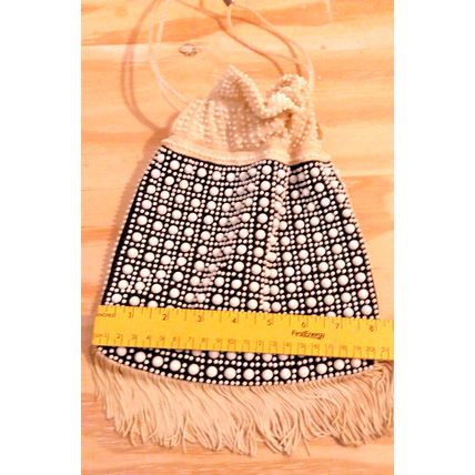 Vintage 50s Navy White Fringed Beaded Evening Bag Drawstring Polycord Handles
