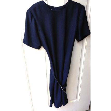 Vintage Leslie Fay Dresses Petite 8P Solid Navy Blue Belted 1980s Shoulder Pads