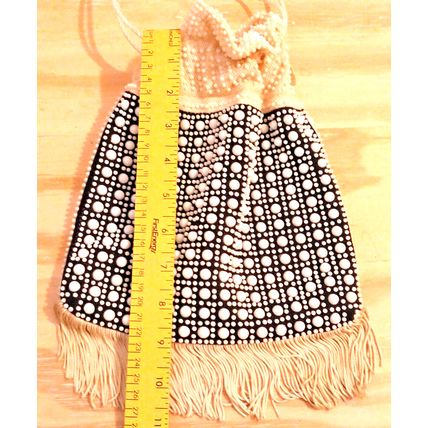 Vintage 50s Navy White Fringed Beaded Evening Bag Drawstring Polycord Handles