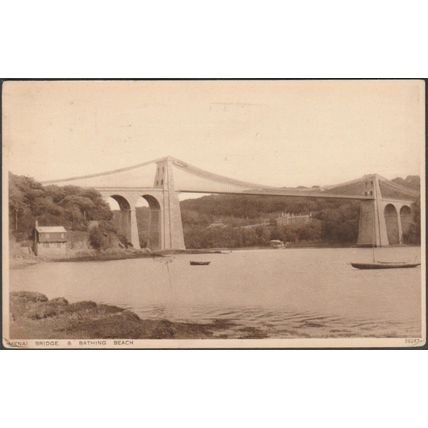 Menai Bridge & Bathing Beach, Anglesey, 1928 - Photochrom Postcard