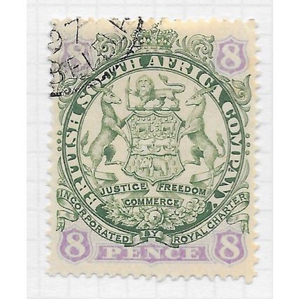 BSAC 1896 SOUTH AFRICA COMPANY ARMS DIE1 SPRINGBOKS 8d USED SG34 34 SG
