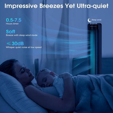 115° Oscillating Modern Tower Fan for Bedroom, 43'' Standing Fan with Remote, 7.