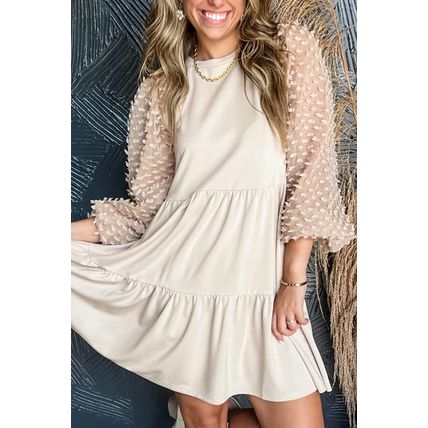 Beige Embellished Puff Sleeve Tiered A-line Dress