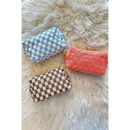 Sky Blue Checkered Knitted Zipper Makeup Bag