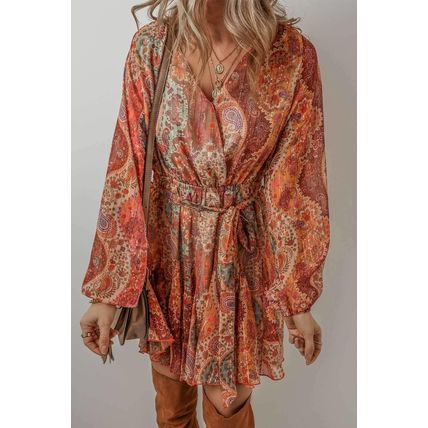 Orange Boho Paisley Print Long Sleeve Pleated Belted Mini Dress