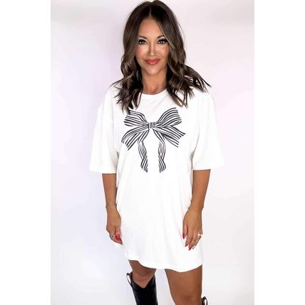 White Striped Bow Knot Half Sleeve Tunic T Shirt