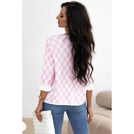 Light Pink Checkered Knitted Lace-up Ruffled 3/4 Sleeve Cardigan