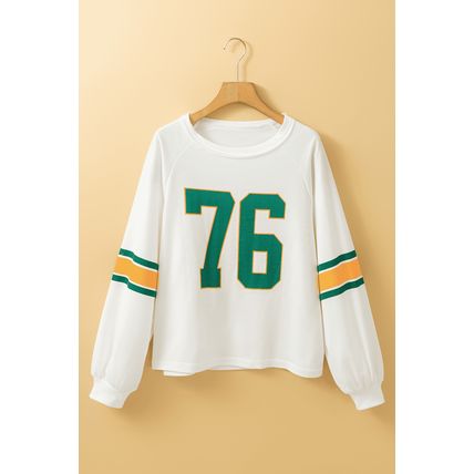 White Number 76 Printed Retro Sporty Long Sleeve Top