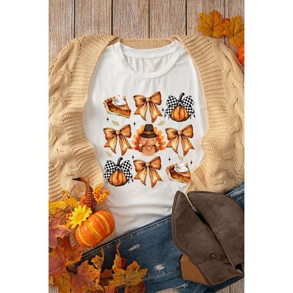 White Cute Bowknot Tanksgiving Graphic Crewneck T Shirt