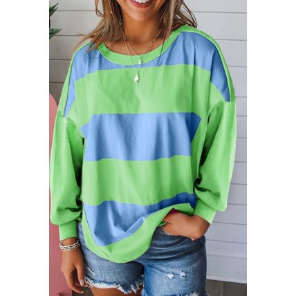 Blue Colorblock Striped Drop Shoulder Loose Top