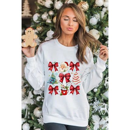 Beige Christmas Tree Bowknot Santa Clause Graphic Holiday Sweatshirt