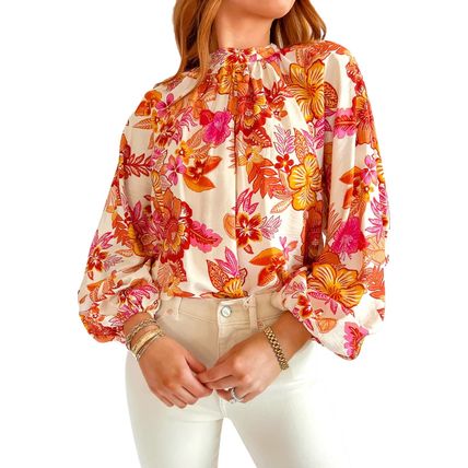 Orange Floral Print Pearl Button Keyhole Long Puff Sleeve Blouse