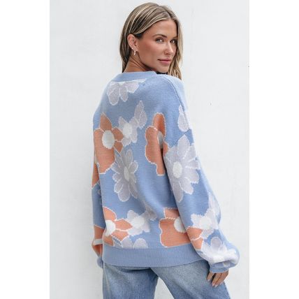 Beau Blue Floral O Neck Drop Shoulder Knitted Sweater