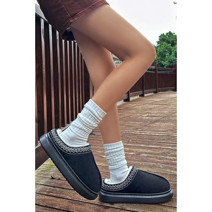 Black Contrast Edge Suede Plush Lined Thick Sole Winter Slippers