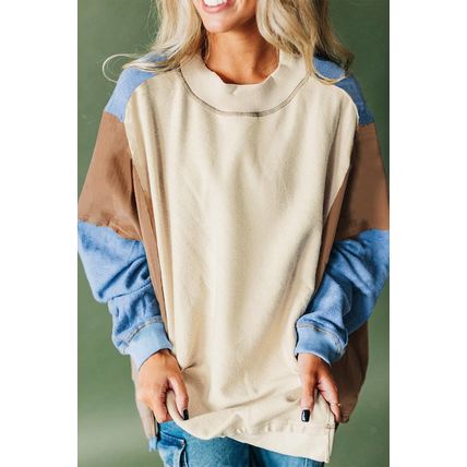 Sky Blue Ribbed Detail Color Block Sleeve Baggy Sweatshirt