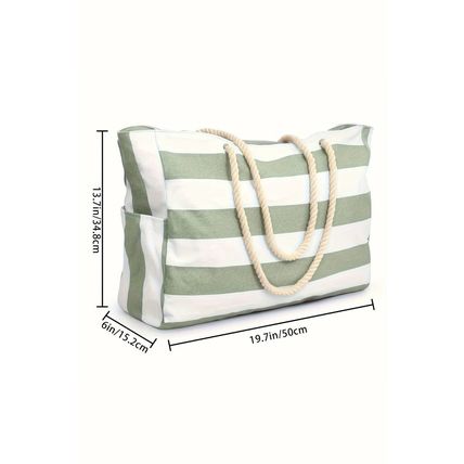 Smoke Green Striped Waterproof Canvas Large Capacity Tote Bag