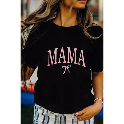 Black MAMA Bow Embroidered Crewneck Tee