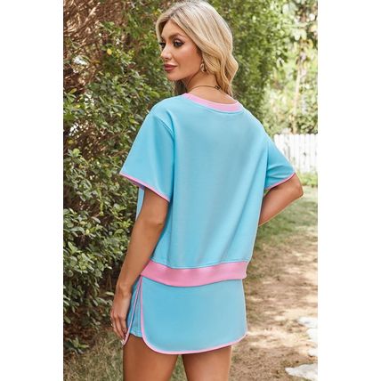 Turquoise Colorblock Edge Drop Shoulder T Shirt and Skort 2Pcs Set