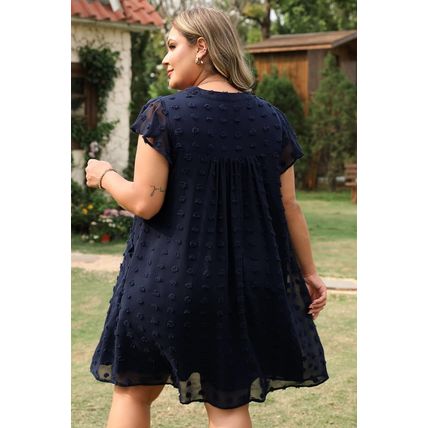 Navy Blue Dotty Textured Notched Neck Plus Ruffled Dress