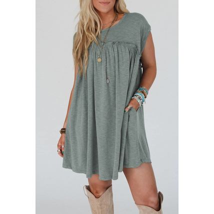 Mist Green Frilled Gathered Seam Round Neck T Shirt Dress