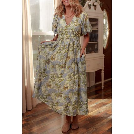 Multicolour Vintage Floral V Neck Short Puff Sleeve Long Dress