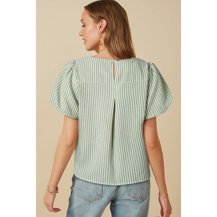 Green Stripe Textured Round Neck Short Puff Sleeve Blouse