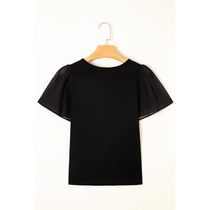 Black Mesh Ruffled Sleeve Slim Fit V Neck Top