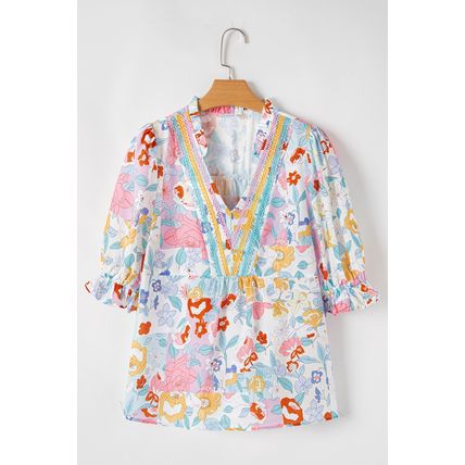 Pink Boho Flower Print Half Puff Sleeve Blouse