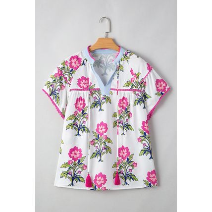 Rose Vintage Floral Print Contrast Notched V Neck Plus Size Summer Blouse