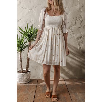 Beige Embroidered Flower Smocked Bust Half Puff Sleeve Empire Waist Textured Flo