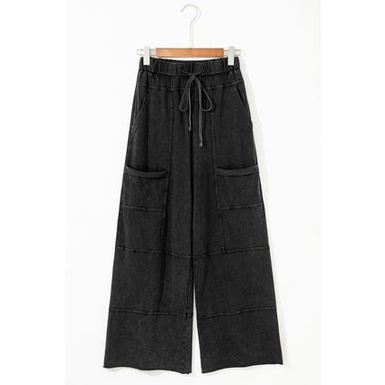 Black Mineral Wash Exposed Seam Drawstring High Waist Wide Leg Cargo Pants