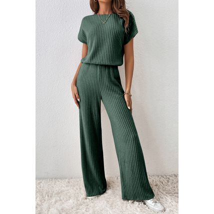 Mist Green Ribbed Keyhole Short Sleeve Wide Leg Jumpsuit
