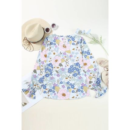 White Floral Print Sweet Lantern Long Sleeve Blouse
