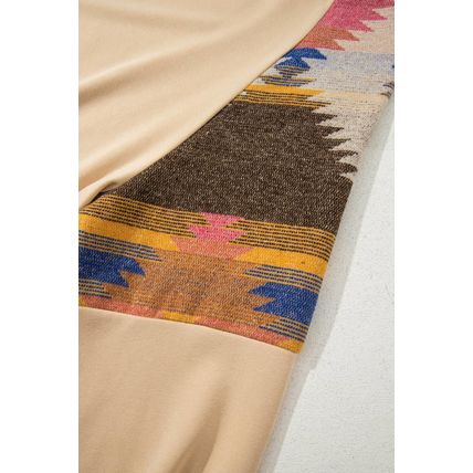 Light French Beige Aztec Patchwork Raglan Pullover Sweatshirt
