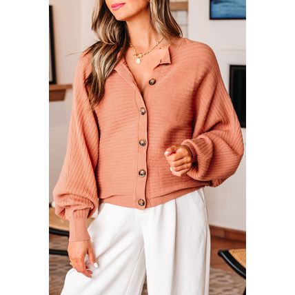 Apricot Pink Wide Rib Knit Button Front Dolman Sleeve Sweater Cardigan