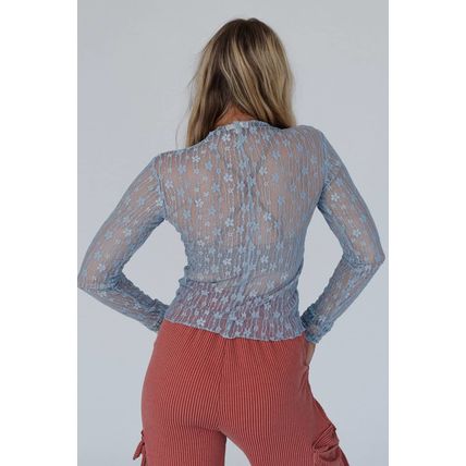 Ashleigh Blue Sheer Floral Lace Long Sleeve Slim Fit Top