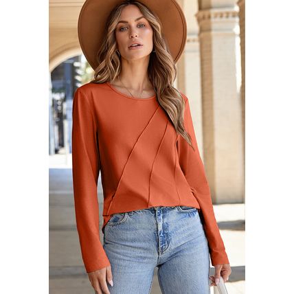 Red Clay Asymmetric Seam Detail Solid Color Long Sleeve Top