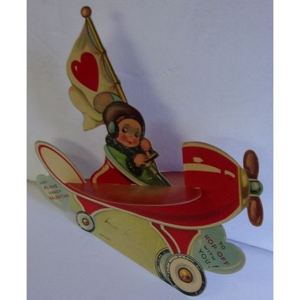 VINTAGE ' VALENTINE CARD ' FLY BOY in AIRPLANE with Heart Wings 1930s