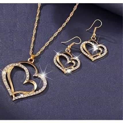 Set Of 3 Beautiful Double Hollow Hearts Jewelry Set With Necklace & Earrings