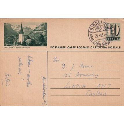 Switzerland 1951 Frutigen 10c postal card Grindelwald-London NW7 written VGC