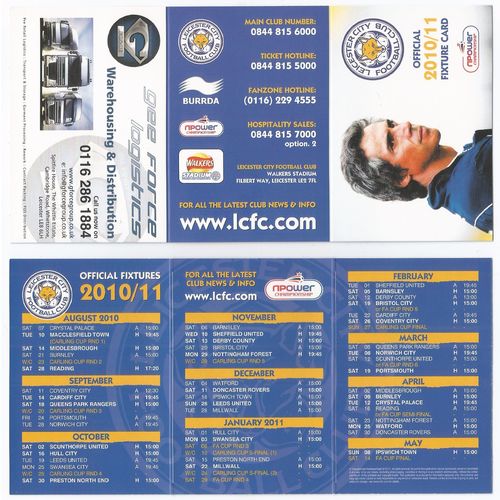 Fixture Card LEICESTER CITY 2010-11 (Mint Condition - No Folds)