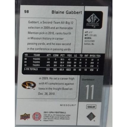 2011 SP Authentic BLAINE GABBERT (Missouri Tigers/Jaguars) RC #98