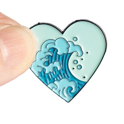 Blue Enamelled Pin Badge Heart Sea Scene Metal in velvet bag 3 cm x 2.8 cm BA92