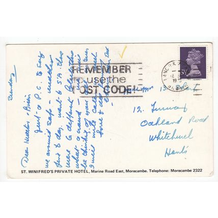 St Winifred's Private Hotel Marine Road East Morecambe Postcard 1975 Lancashire