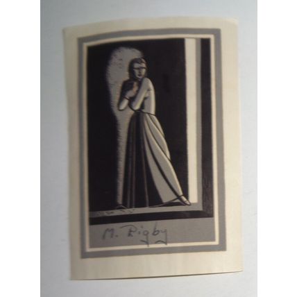 M. Rigby Ex Libris Bookplate by Rockwell Kent. Woman clutching book