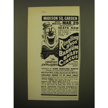 1961 Ringling Bros and Barnum & Bailey Circus Ad - Madison Sq. Garden