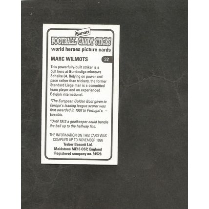 Bassett Sweet Cigarettes 1998 World Cup Heroes #32 Marc Wilmots